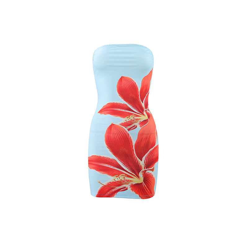 Wholesale Sexy women's tube top flower print slim fit hip short dress